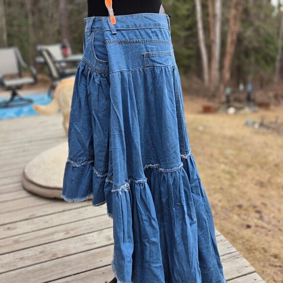 GOTH BOHEMIAN BLUE DENIM RUFFLE IRREGULAR HEM HIGH LOW SKIRT 2x 18 20 - Picture 3 of 16